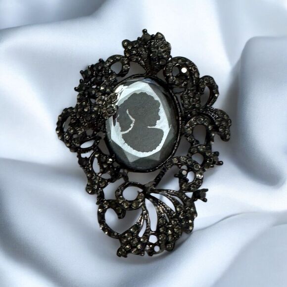 Vintage Ornate Cameo Brooch with Rhinestones – 2.5 Inches, Dark Silvertone - Picture 2 of 9